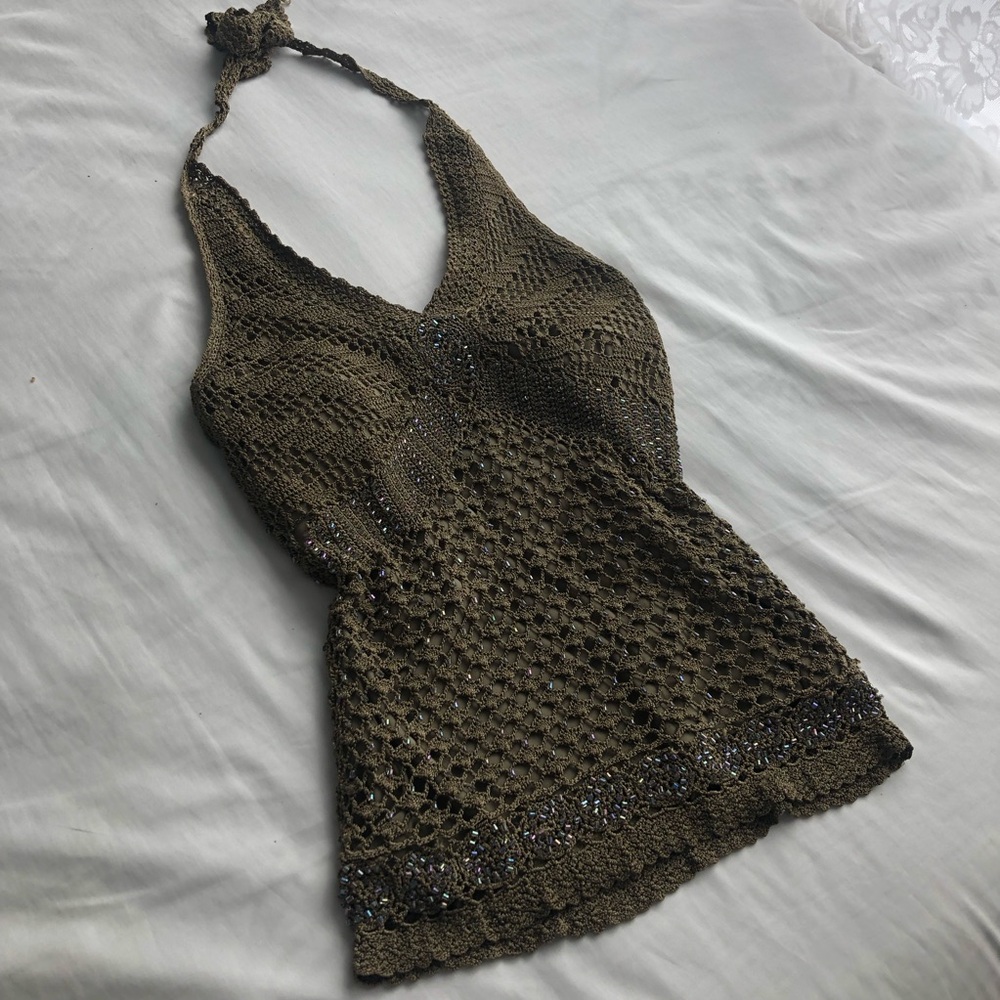 Le Chateau Green Beaded Crochet Halter Top